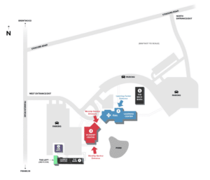 A site map illustrating the layout of a campus with various buildings and parking areas. Key locations are marked and labeled: The Barn, Church Offices, The Spot, The Loft (2nd Floor), Worship Center, Kids area, Learning Center, and The Back Barn. Entrances and exits are labeled along Brentwood, Franklin Road, Concord Road, and additional north and west entrances/exits. The map also shows the pond, parking areas, and the primary entrances to the Worship Center and Learning Center.