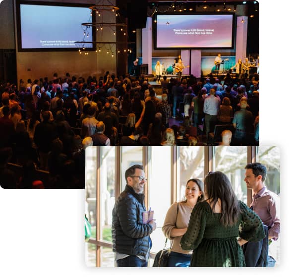 A single image divided into two sections: The top section shows a large congregation gathered in a dimly lit church auditorium, watching a live band perform on stage with song lyrics displayed on large screens overhead. The bottom section depicts a group of four people standing and chatting in a bright, sunlit room with large windows in the background, engaging in friendly conversation.