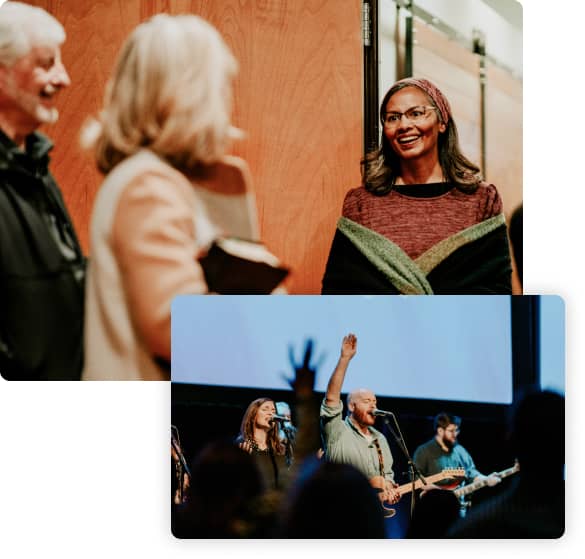 Two images depicting community and worship. The top image shows two women engaged in conversation, with one smiling and wearing a shawl. The bottom image captures a group of musicians performing on stage during a worship service, with one singer raising his hand.